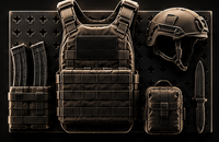 A promotional graphic on a black background showing four feature panels with text: modular system, premium materials, purpose-built, and built for tactical gear, alongside corresponding tactical gear illustrations.